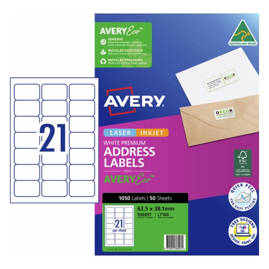 Avery InkjetLabel J8160 21UP Pk50 - 936097
