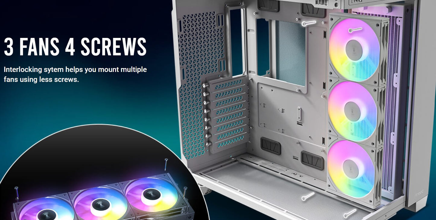 Antec Connect C120R Reverse White ARGB 3PK Performance 120mm PWM Fan: 4-pin PWM | LED: 3-pin Vibration Absorbing and Anti-Noise Pads case fan C120R-ARGB-White-3PK