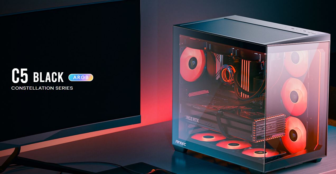 Antec C5 ARGB ATX, mATX Seamless Edge to Edge, Black, 270 degrees, 7x ARGB + PWM Controller, 5090 Back Connect, USB-C, Dual Chamber Gaming Case C5-ARGB