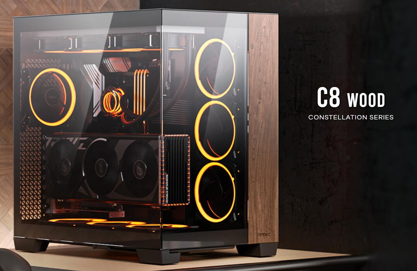 Antec C8 Wood ATX, E-ATX, Seamless Edge View Front and Side, USB-C, 4mm Tempered Glass, 360mm liquid cooler top, bottom, side. 2x USB 3.0 Black Case C8-Wood