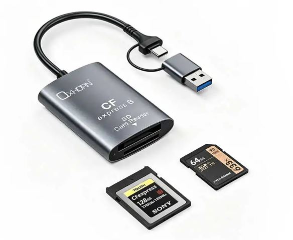 Oxhorn USB 3.2 Gen 2 10Gbps CF Express B and SD Card-reader Aluminum USB-C 3.2 USB-A 3.2 lightweight Plug-and-play Silver AD-CR322