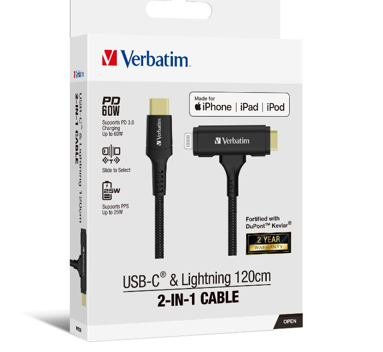 Verbatim 2-in-1 Cable Type C to C & Lightning Kevlar Slide 120cm -BLK 66974