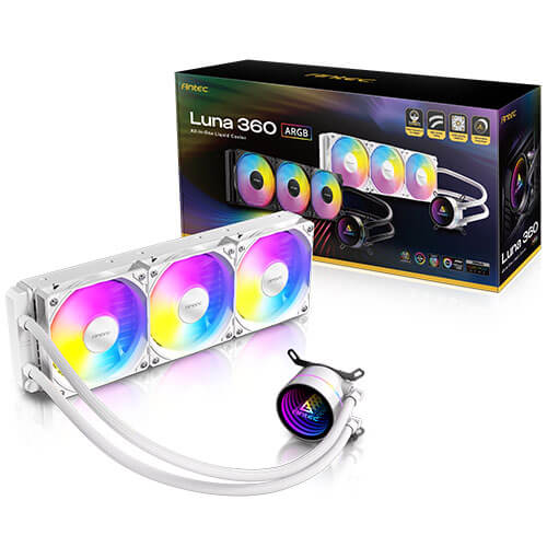 Antec Luna 360 ARGB White, 360mm AIO, 3x120mm ARGB PWM Fans, 800-1800RPM, 67.62CFM, Intel LGA1700/1851, AMD AM4/AM5, 2Y Warranty Luna 360 ARGB White