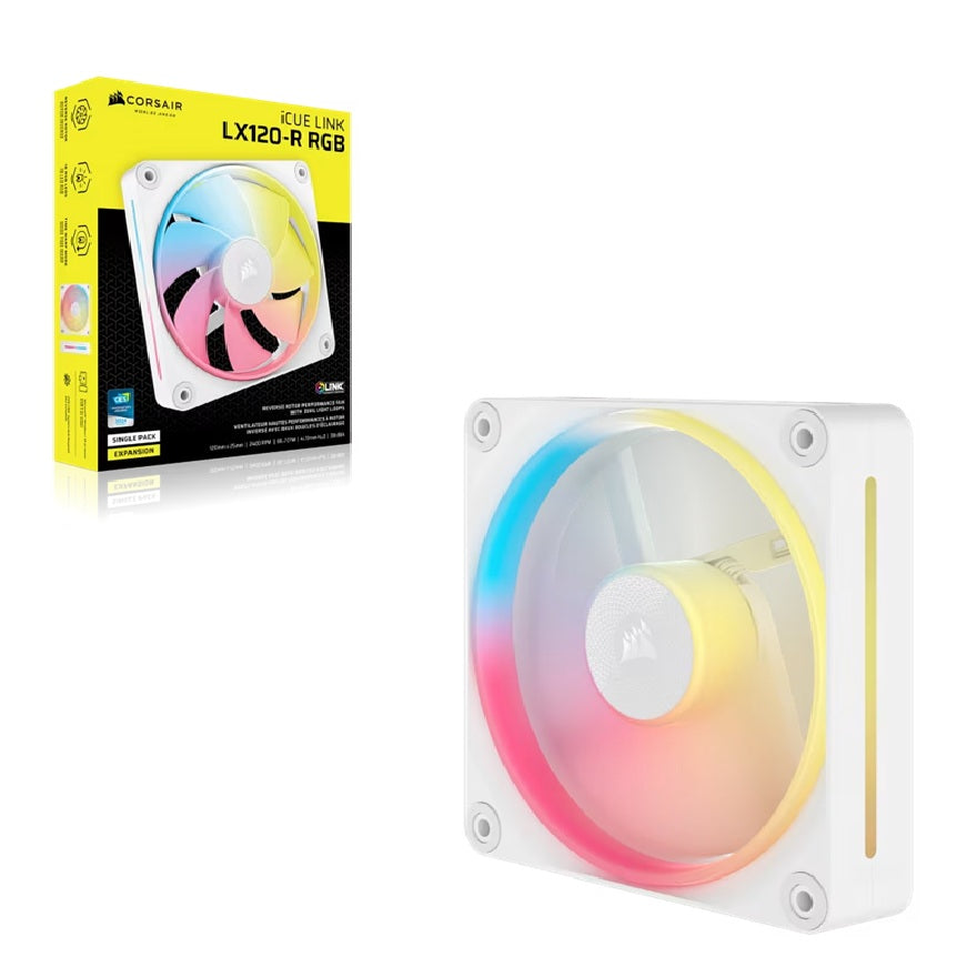 Corsair iCUE LINK LX120-R RGB 120 mm PWM Reverse Fan Expansion Single Pack - White: 66.7 CFM, 2400 RPM, 37.7 dBA, 0.4 A, Static Pressure, Magnetic Dome CO-9051053-WW