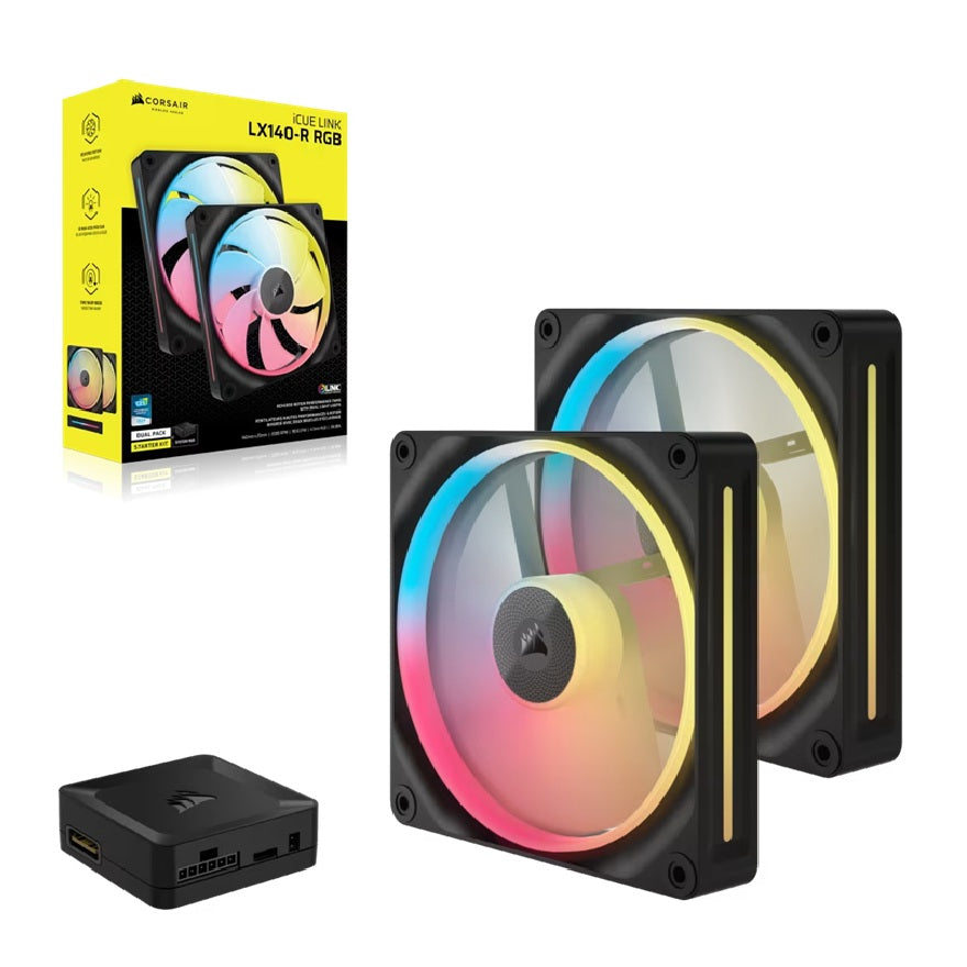 Corsair iCUE LINK LX140-R RGB 140mm PWM Reverse Fans Starter Kit Dual Pack -Black: 90.6 CFM, 2000 RPM, 38.3 dBA, 0.45A, Static Pressure, Magnetic Dome CO-9051052-WW