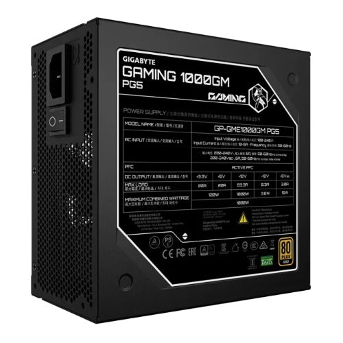 GIGABYTE GAMING 1000GM PG5 1000W 80+ Gold ATX 3.1 PSU PCIe 5.0 16pin full modular 135mm fan OVP OPP SCP UVP OCP OTP 8SATA 4PCIe 2EPS 100,000h MTBF GP-GME1000GM PG5/PSU