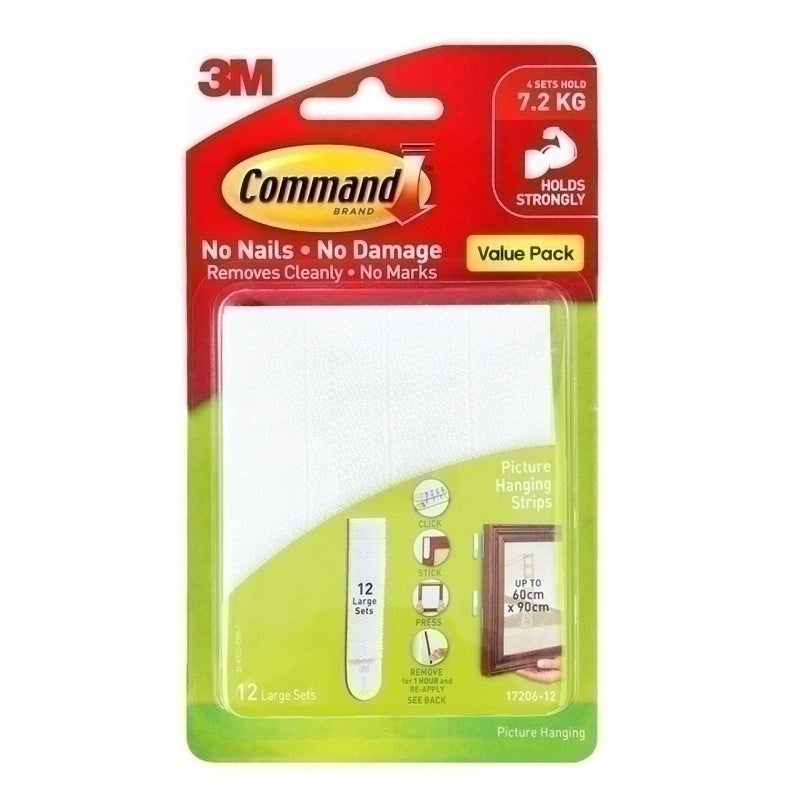 Command 17206-ES12 Large White Picture Hanging Strips Value 12-Pack - Box of 4 - 7100334170