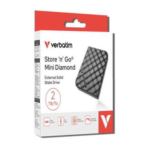 Verbatim 32026 Store’n’Go Mini Diamond SSD USB-C 2TB, USB 3.2 Gen 2, 1000MB/s Read/Write, USB Flash Drive, External SSD 32026