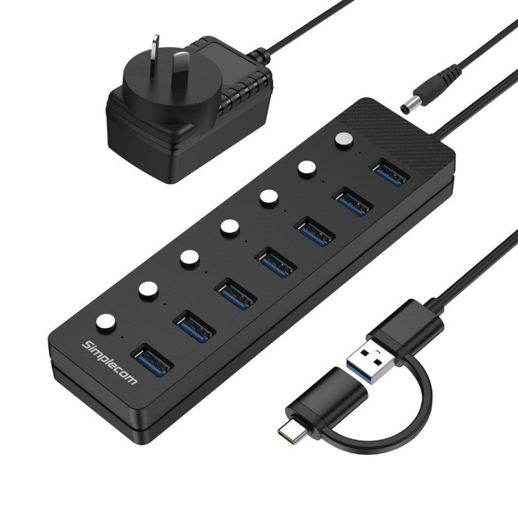 Simplecom CH375C USB-A and USB-C to 7-Port USB 3.0 Hub 5Gbps Individual Switches and Power Adapter CH375C