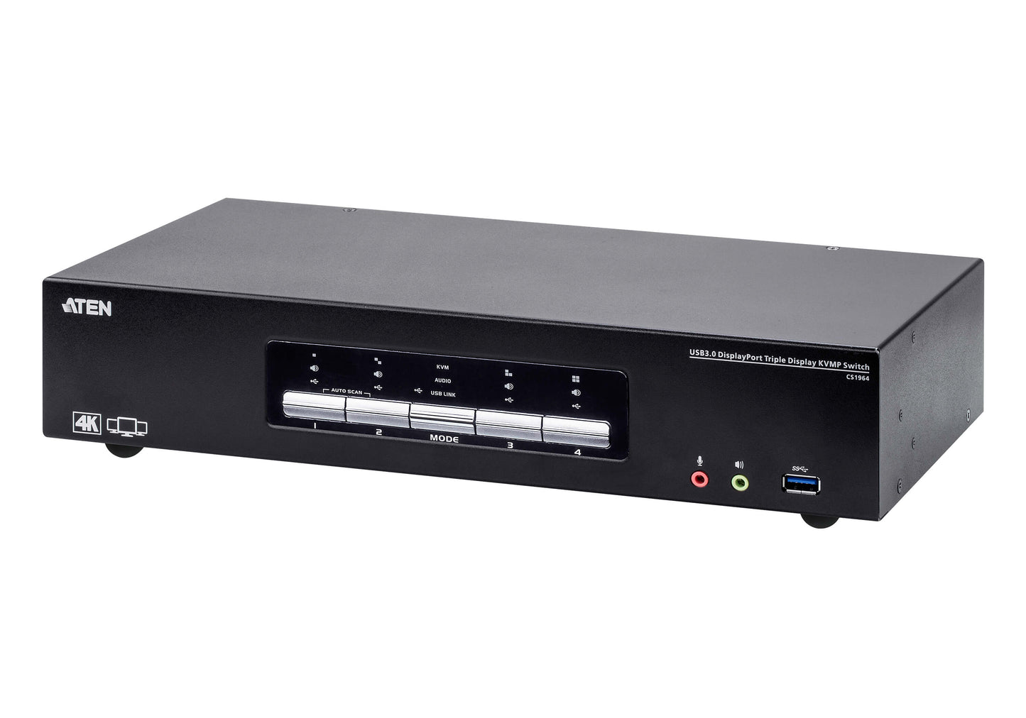 Aten Desktop KVMP Switch 4 Port Triple Display 4k DisplayPort w/ audio, Cables Included, 2x USB Port, Selection Via Front Panel CS1964-AT-U