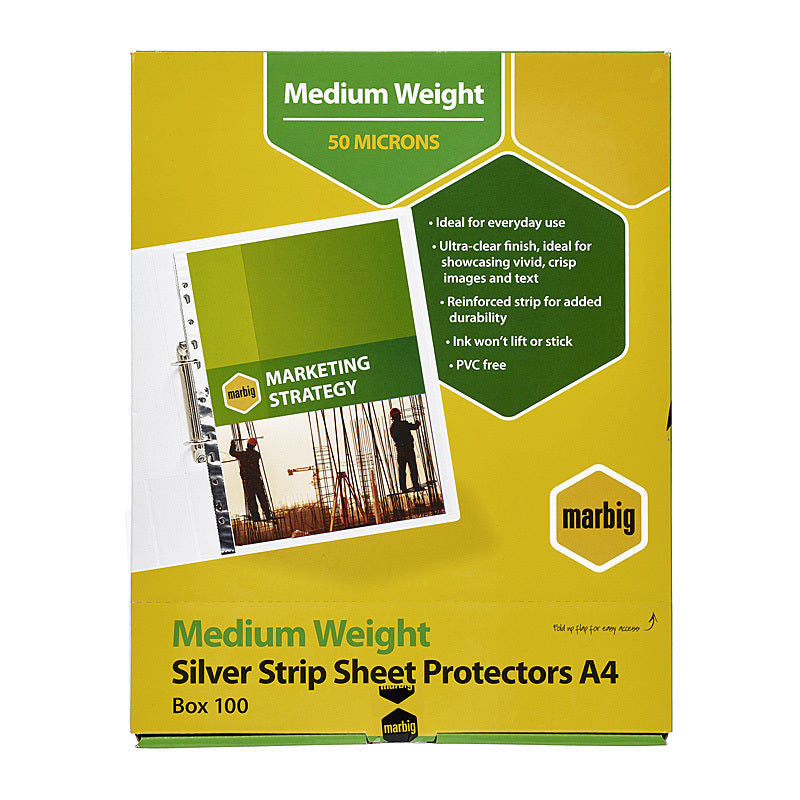 Marbig Sheet Protectors M/Weight A4 Slvr Str Box of 100 - 25101