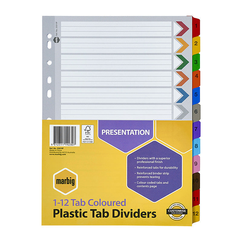 Marbig Indices & Dividers 1-12 Tab Reinf A4 Colour - 35019F