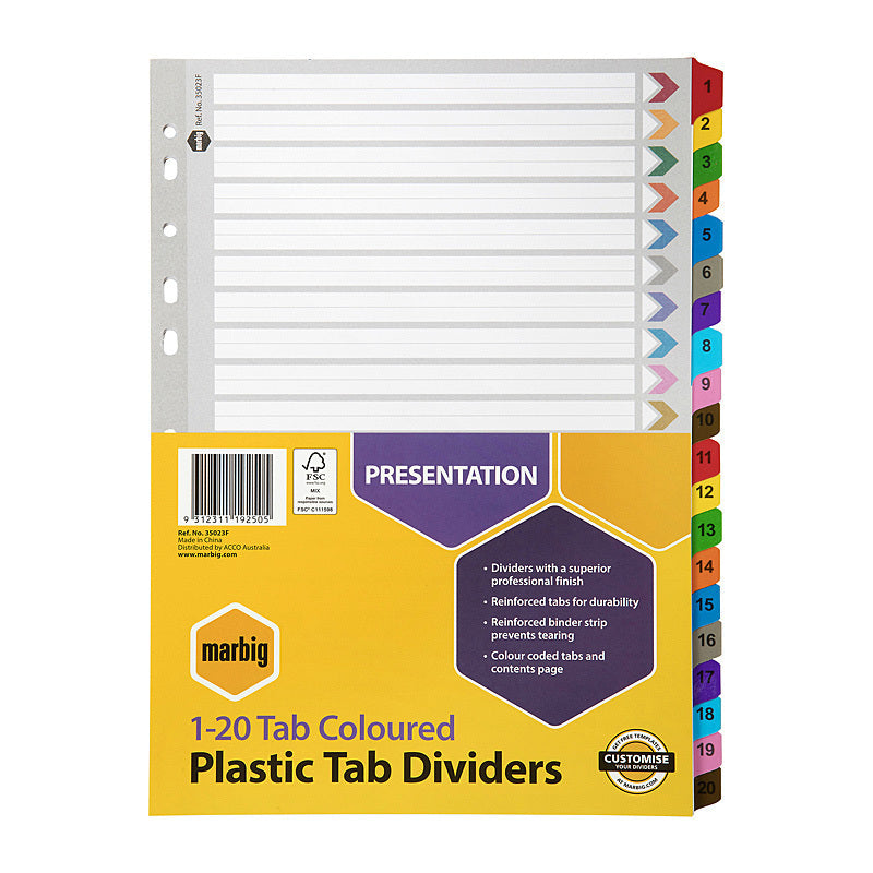 Marbig Indices & Dividers 1-20 Tab Reinf A4 Colour - 35023F