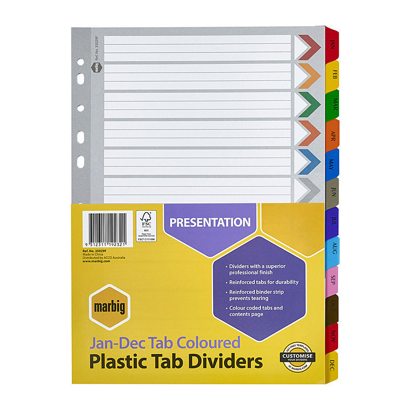 Marbig Indices & Dividers Jan-Dec Tab Reinf A4 Colour - 35029F