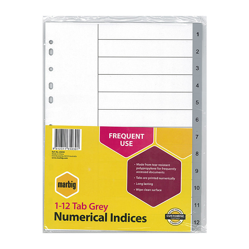 Marbig Indices & Dividers 1-12 Tab Pp A4 Grey - 35030