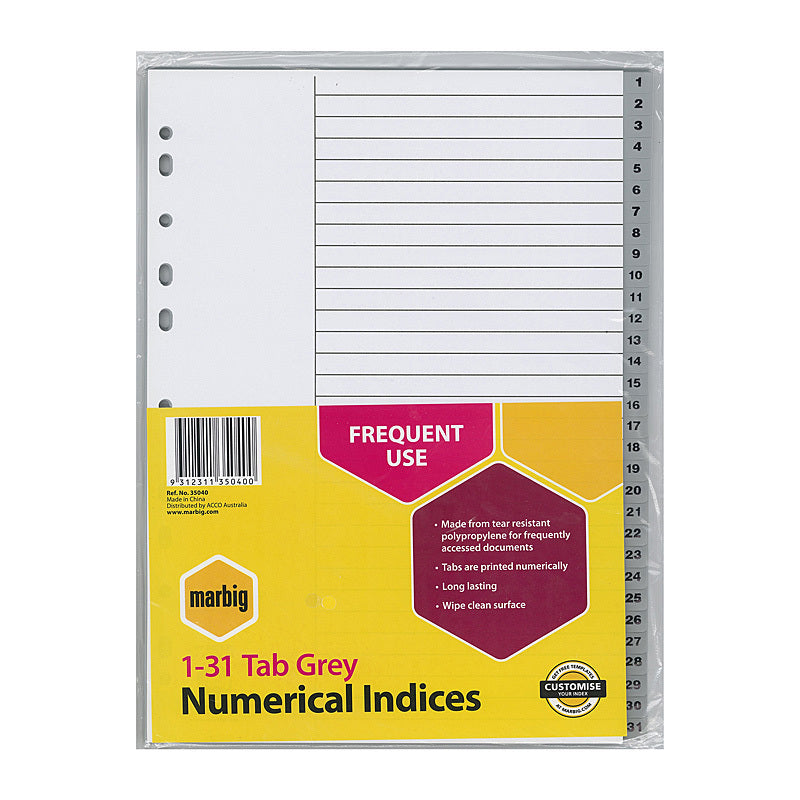 Marbig Indices & Dividers 1-31 Tab Pp A4 Grey - 35040