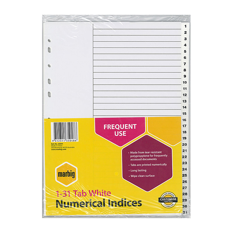 Marbig Indices & Dividers 1-31 Tab Pp A4 White - 35041