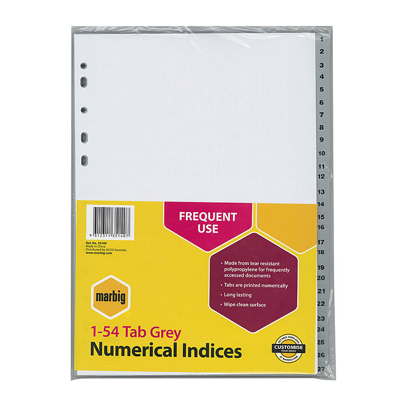 Marbig Indices & Dividers 1-54 Tab Pp A4 Grey - 35140