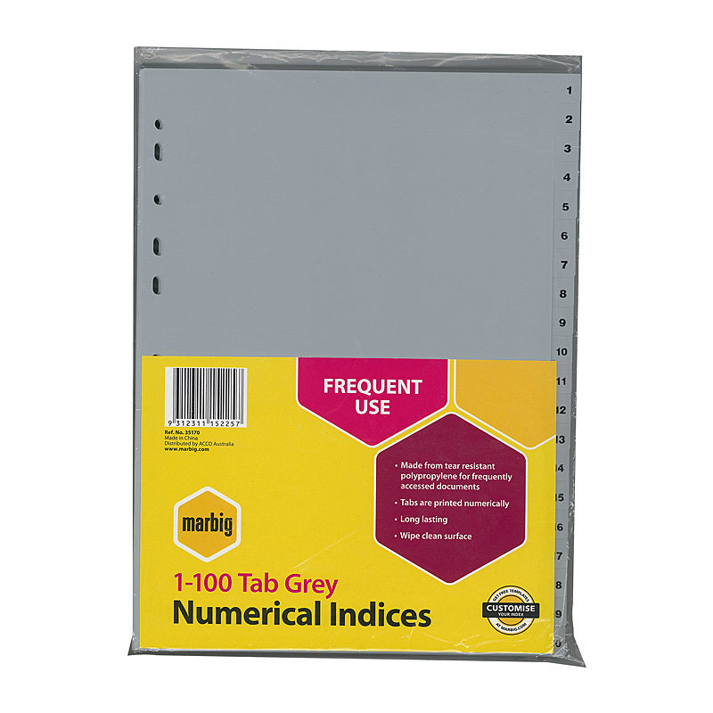 Marbig Indices & Dividers 1-100 Tab Pp A4 Grey - 35170