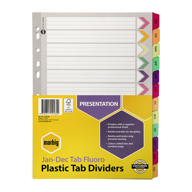 Marbig Indices & Divider Jan-Dec Tab Reinf A4 Fluo - 36029F