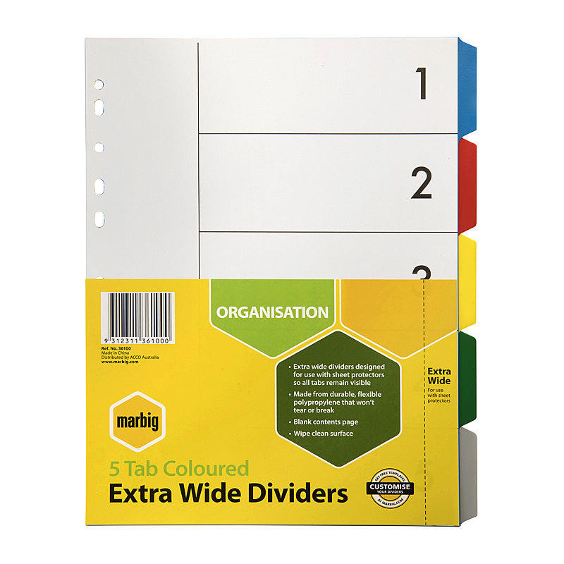 Marbig Indices & Dividers 5 Tab Pp A4 Extra Wide - 36100