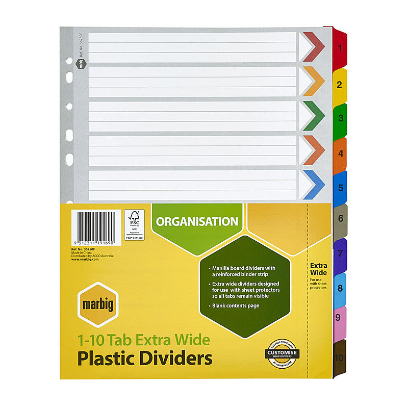 Marbig Indices & Divider 1-10 Tab Manilla A4 XWide - 36250F