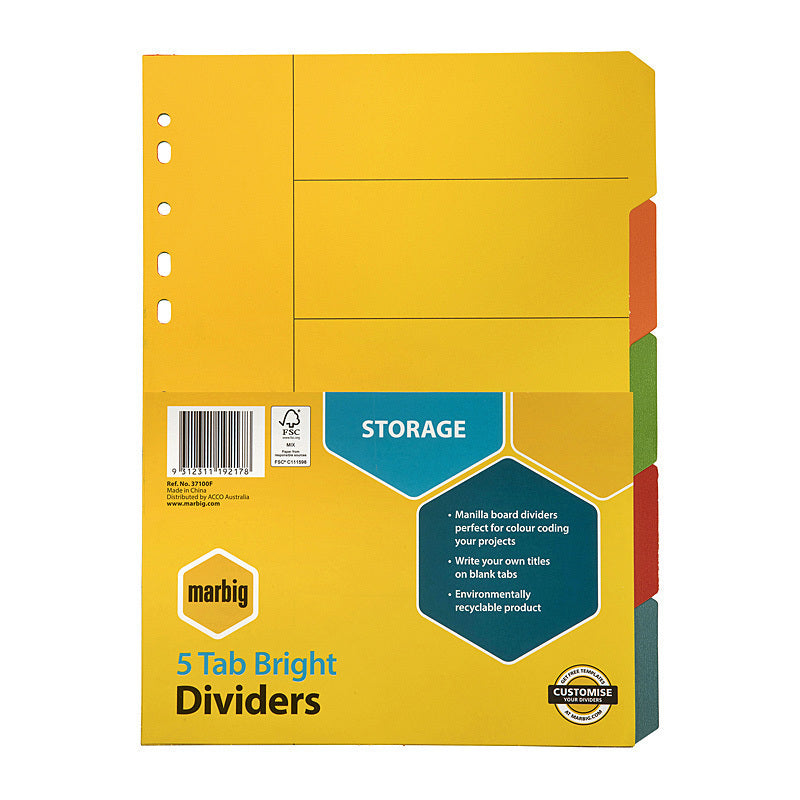 Marbig Indices & Dividers 5 Tab Manilla A4 Brights - 37100F