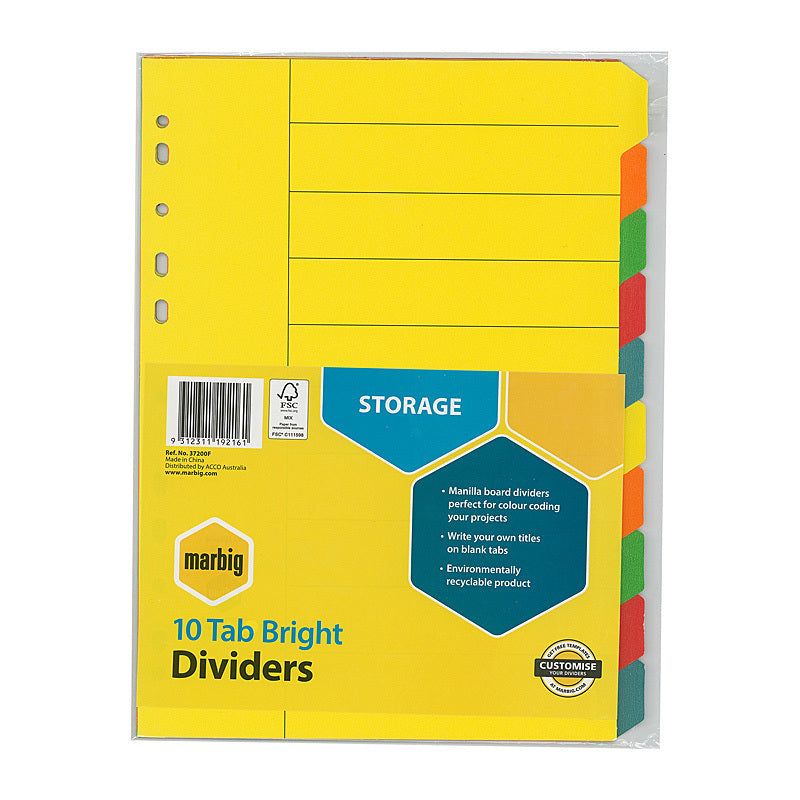 Marbig Indices & Divider 10 Tab Manilla A4 Brights - 37200F