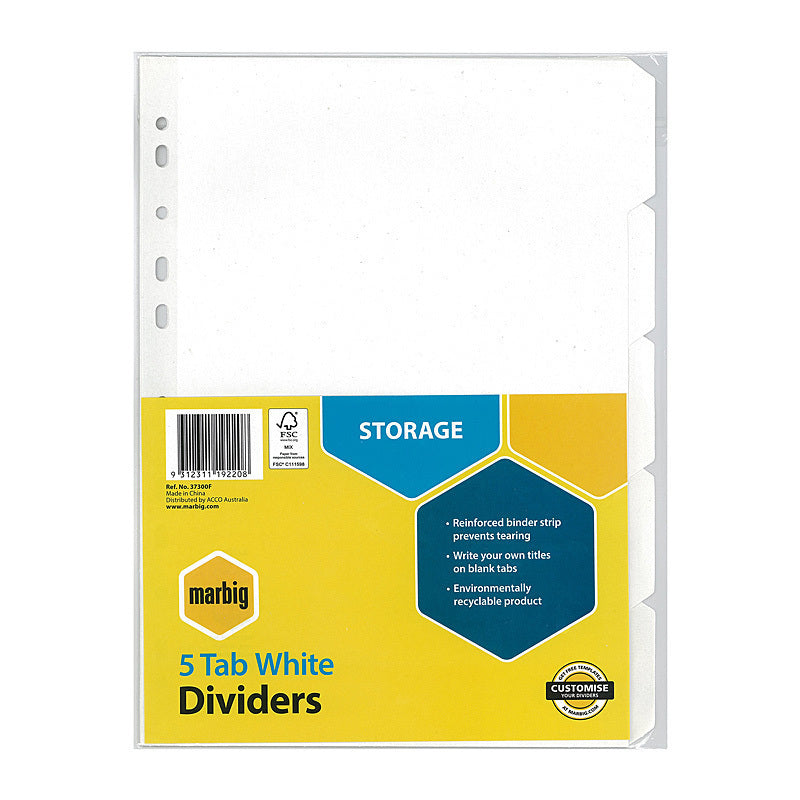 Marbig Indices & Dividers 5 Tab Manilla A4 White - 37300F