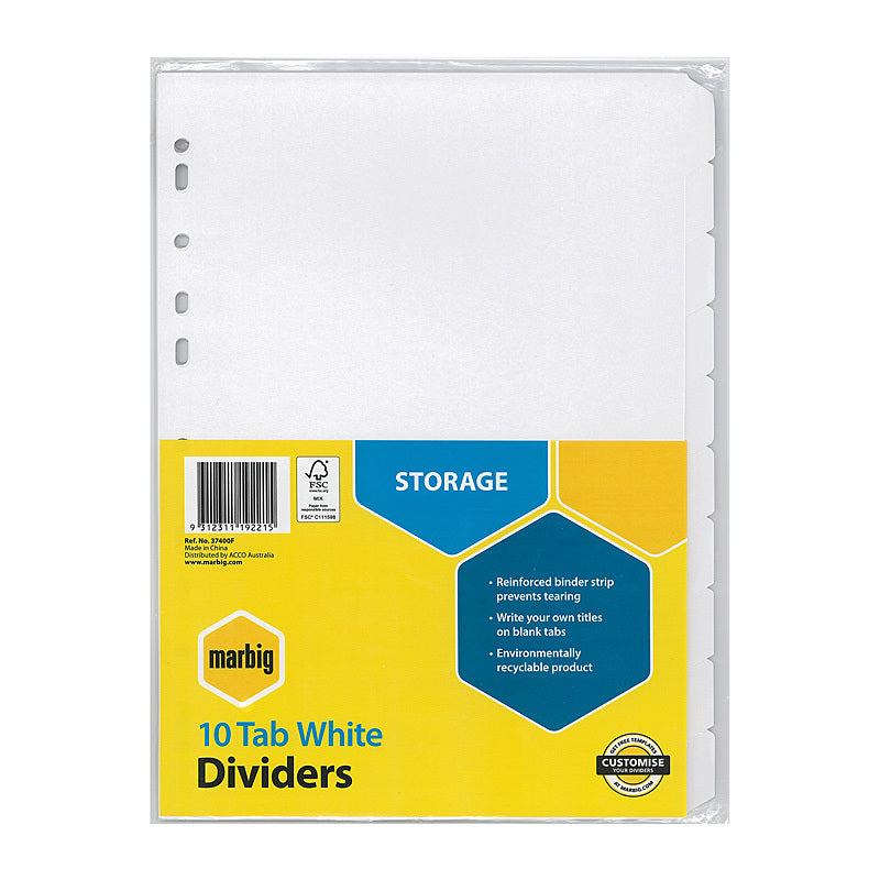 Marbig Indices & Dividers 10 Tab Manilla A4 White - 37400F