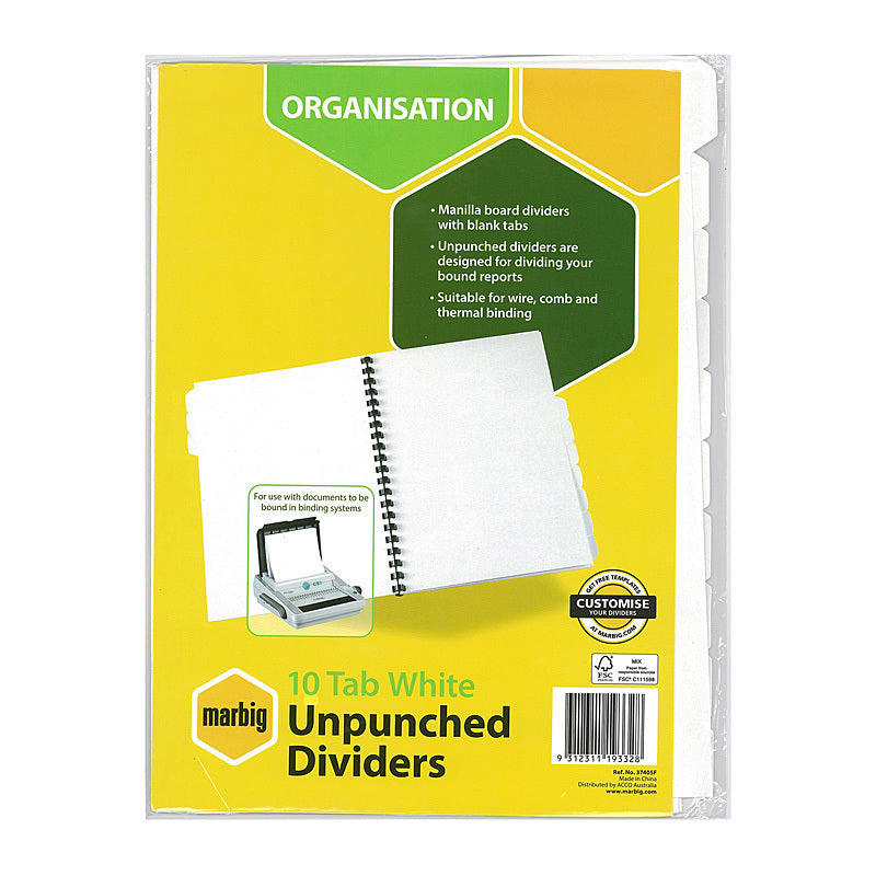 Marbig Indices & Divider 10 Tab Manil A4 Unpunched - 37405F