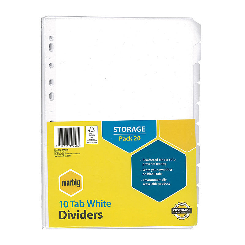 Marbig Indices & Divider 10 Tab Manil A4 White Pk20 - 37420F