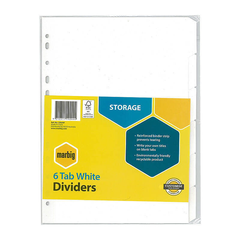 Marbig Indices & Dividers 6 Tab Manilla A4 White - 37620F
