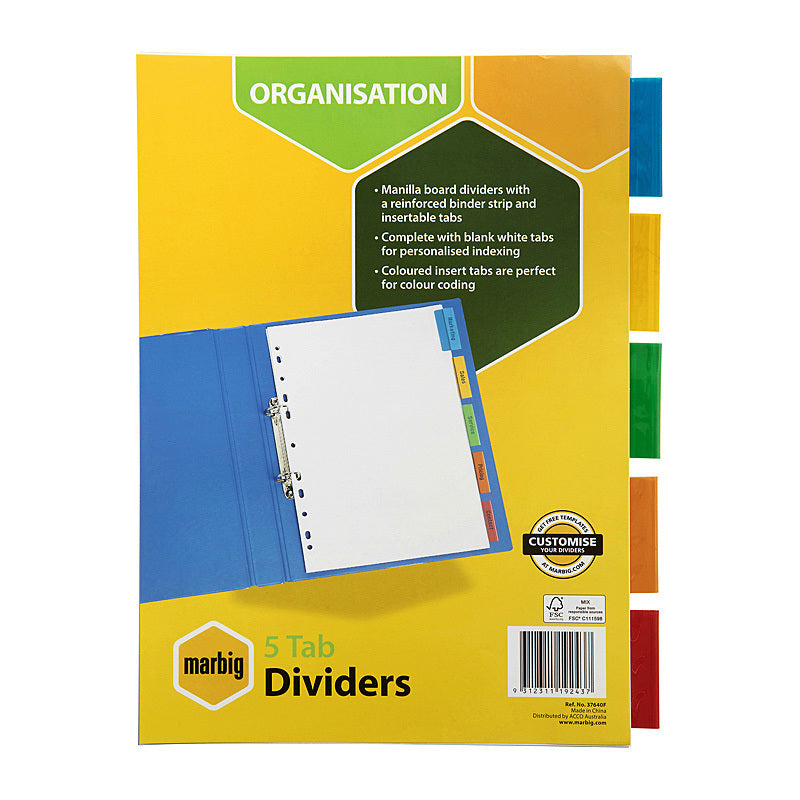Marbig Indices & Divider 5 Insert Tab Manil A4 Colour - 37640F
