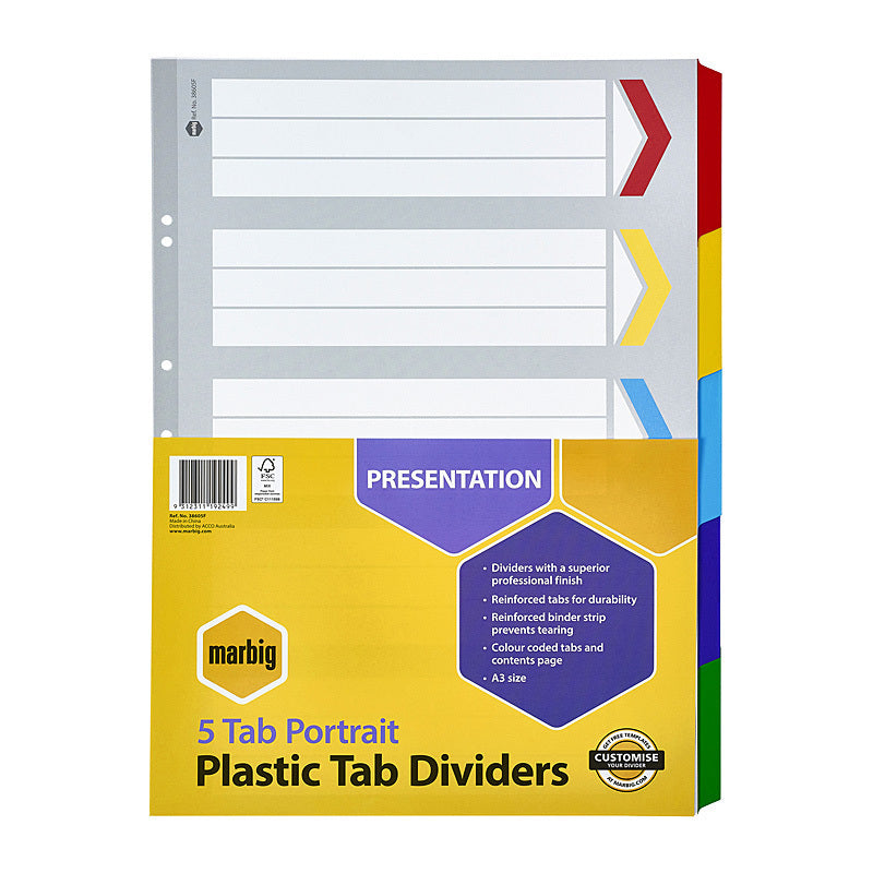 Marbig Indices & Divider 5 Tab Reinforced A3 Portr - 38605F