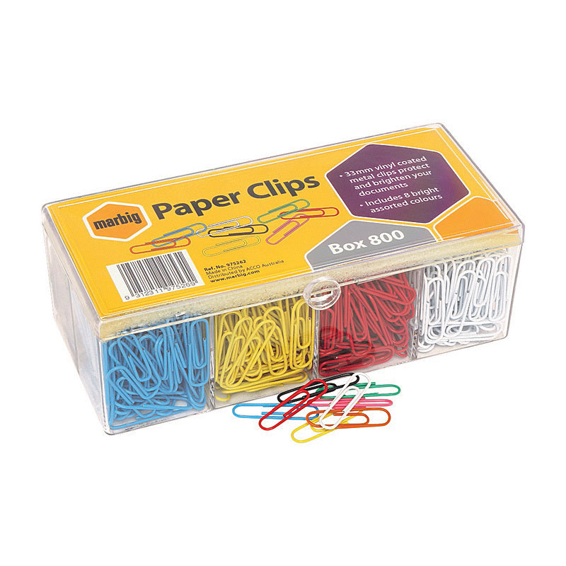 Marbig Paper Clips Ast Colours Vinyl Coated Box of 800 - 975262