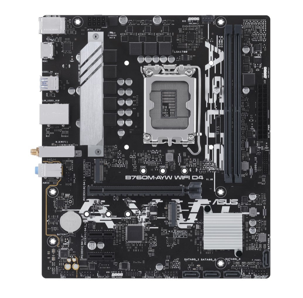 ASUS B760M-AYW WIFI D4 Intel LGA 1700 mATX Motherboard 64GB, DDR4, 1 x PCIe 4.0 x16 Slot, 2 x M.2 Slots, 4 x SATA, WiFi 6, Realtek 2.5Gb Ethernet B760M-AYW WIFI D4