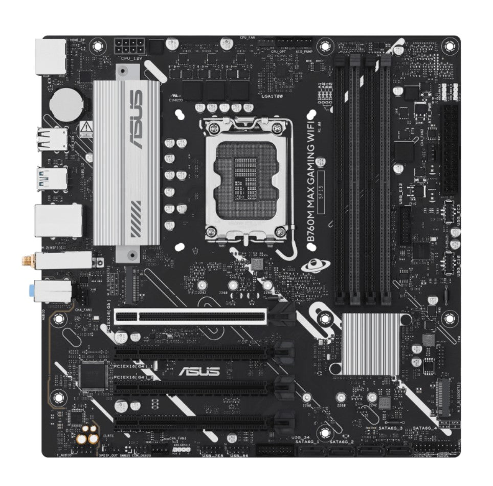 ASUS B760M MAX GAMING WIFI Intel LGA1700 mATX Motherboard Up to 192GB DDR5 (4x Slots), 1 x PCIe 5.0, 3 x M.2, 4 x SATA, WiFi 6, HDMI, DP B760M MAX GAMING WIFI