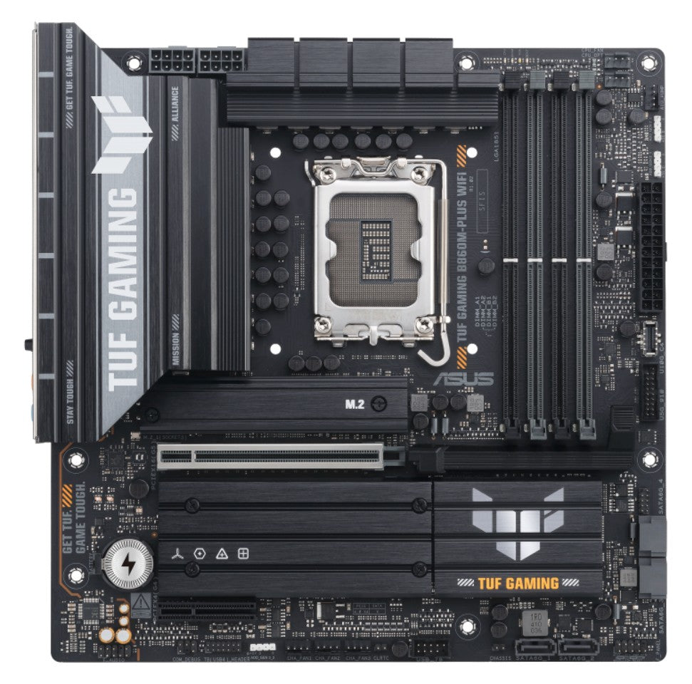 ASUS TUF GAMING B860M-PLUS WIFI LGA1851 mATX Motherboard 256GB, DDR5, 1 x PCIe 5.0, 3 x M.2 slots, 4 x SATA, WiFi 7, 1 x HDMI, 1 x DP TUF GAMING B860M-PLUS WIFI