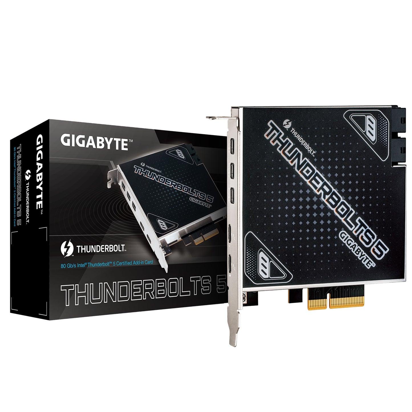 Gigabyte CARD THUNDERBOLTS 5 1.0 add-in card?, Intel JHL9580 Thunderbolt 5 controller?, Dual Thunderbolt 5 Ports, up to 80 Gb/s bi-directional THUNDERBOLTS 5