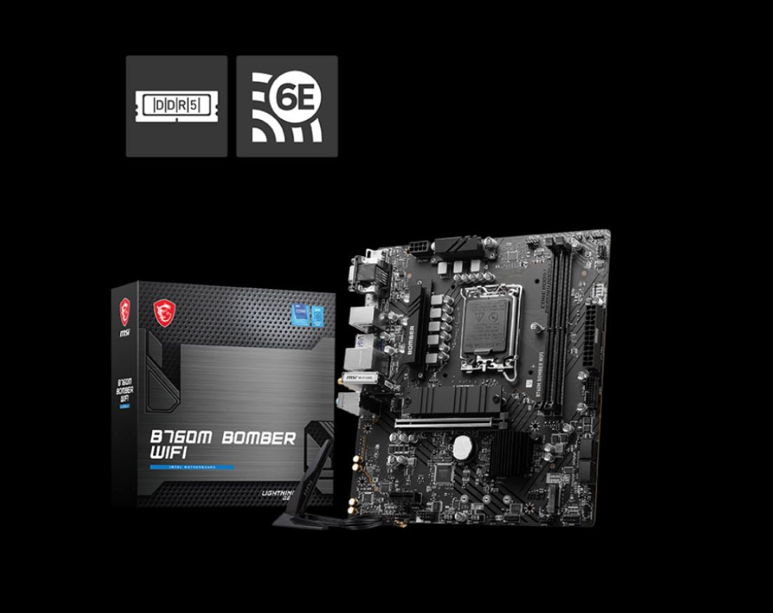 MSI PRO B760M BOMBER WIFI mATX Motherboard, 4x DDR5~128GB, 2x PCI-E x 16, 1x PCI-E x 1, 2x M.2, 4x SATA, 4x USB 3.2, 2x USB 2.09 B760M BOMBER WIFI