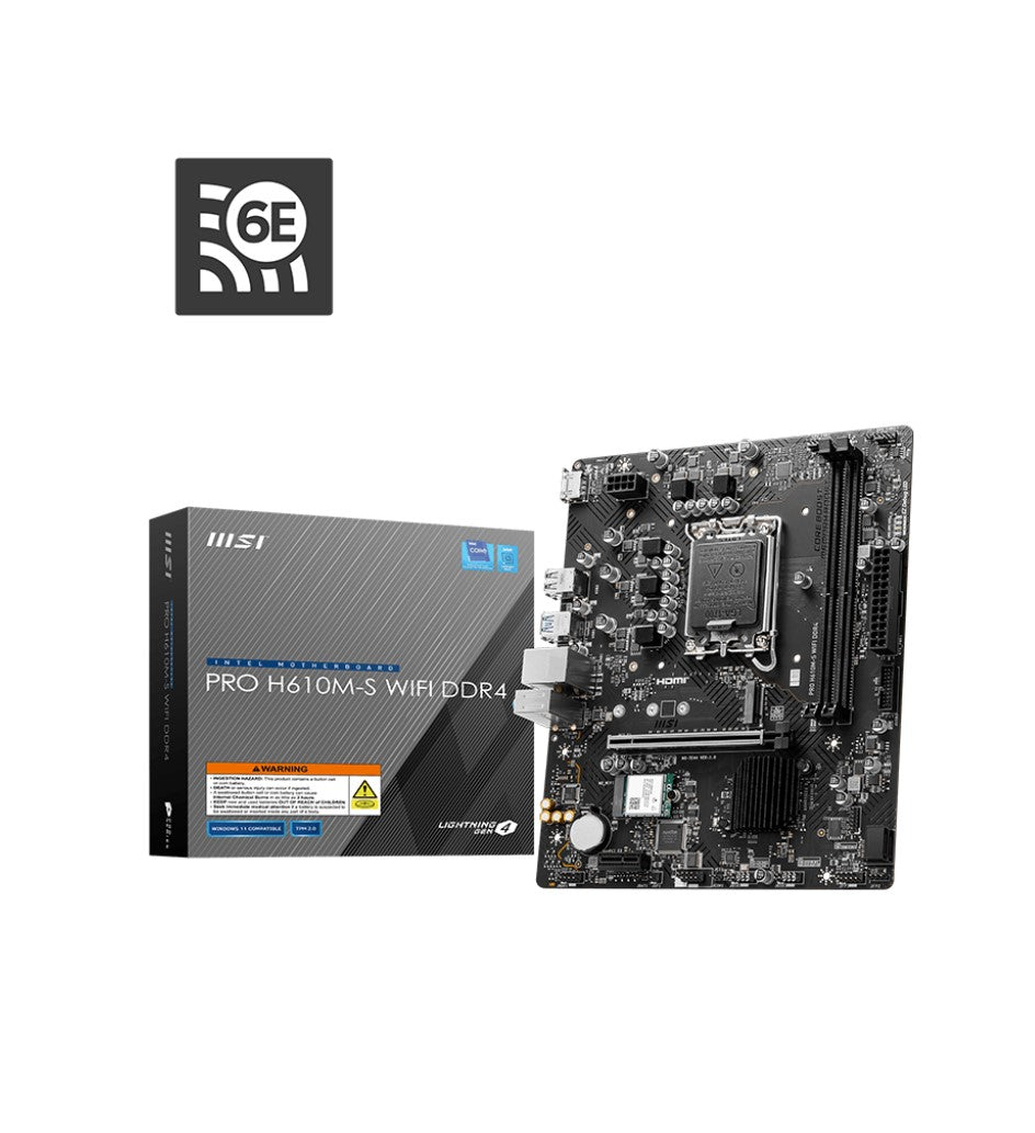 MSI PRO H610M-S WIFI DDR4 Intel LGA 1700 mATX Motherboard 2x DDR4~64GB, 1x PCIe x16, 1x PCIe x1, 1x M.2, 2x SATA 6G, 8x USB2.0 PRO H610M-S WIFI DDR4