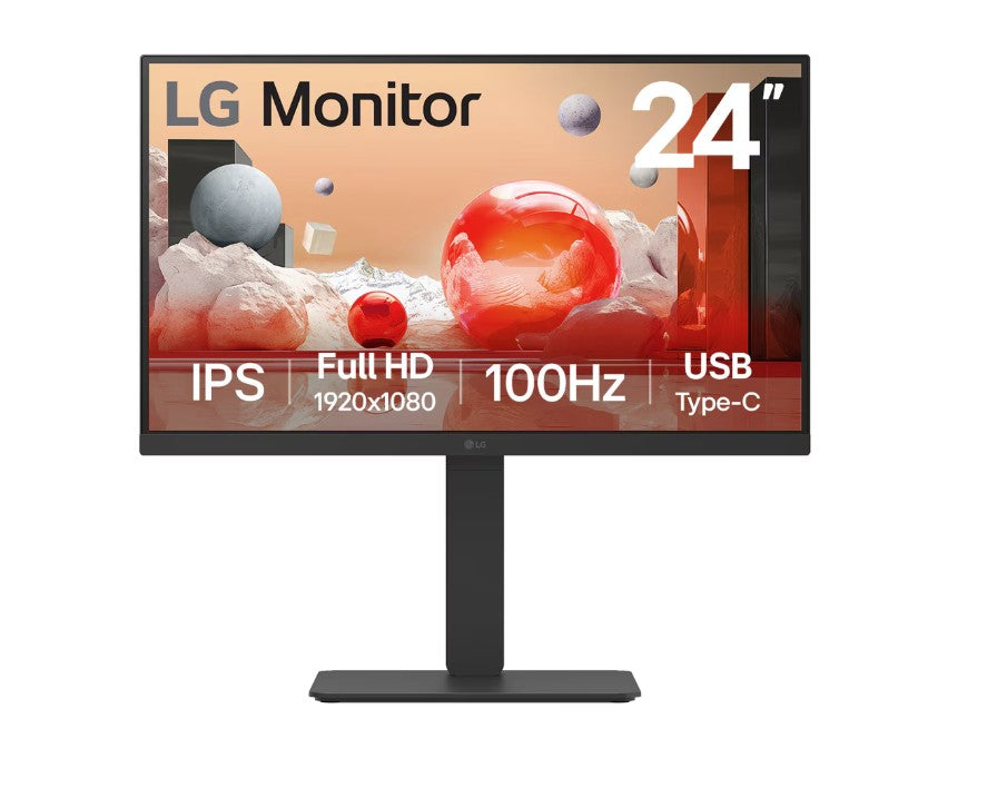 LG 24' IPS FHD 1920 x 1080, USB-C 65w PD, RJ45 100Hz 5ms, AMD FreeSync 16:9 Tilt/Height/Swivel/Pivot (Bi-direction) adjustable stand, 3yrs Monitor 24BA750-B