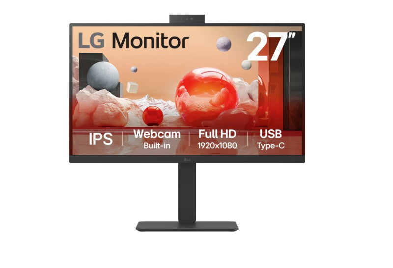 LG 27' Full HD IPS Monitor, 1920x1080, Webcam, 100 Hz, 5ms, USB-C (PD 90W) + RJ45, sRGB 99% (CIE1931), adjustable stand (tilt/height/swivel/pivot) 27BA850-B
