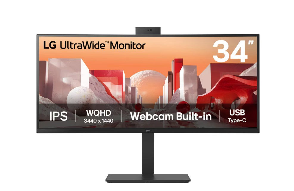 LG 34' UltraWide QHD Curved IPS 60Hz Monitor, 3440x1440, sRGB 99%, HDR10, Full HD Webcam/Mic/Speakers, USB-C 90W PD, RJ45, Adj Tilt/Height/Swivel 34BA85QE-B