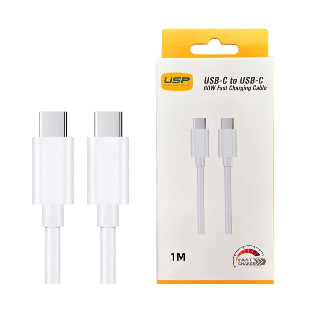 USP USB-C to USB-C 60W Mini Cable (1M) White - 3A, Fast Charge, High Performance, Samsung Galaxy, Apple iPhone, iPad, MacBook, Google, 2 Years Warranty 6972475750596