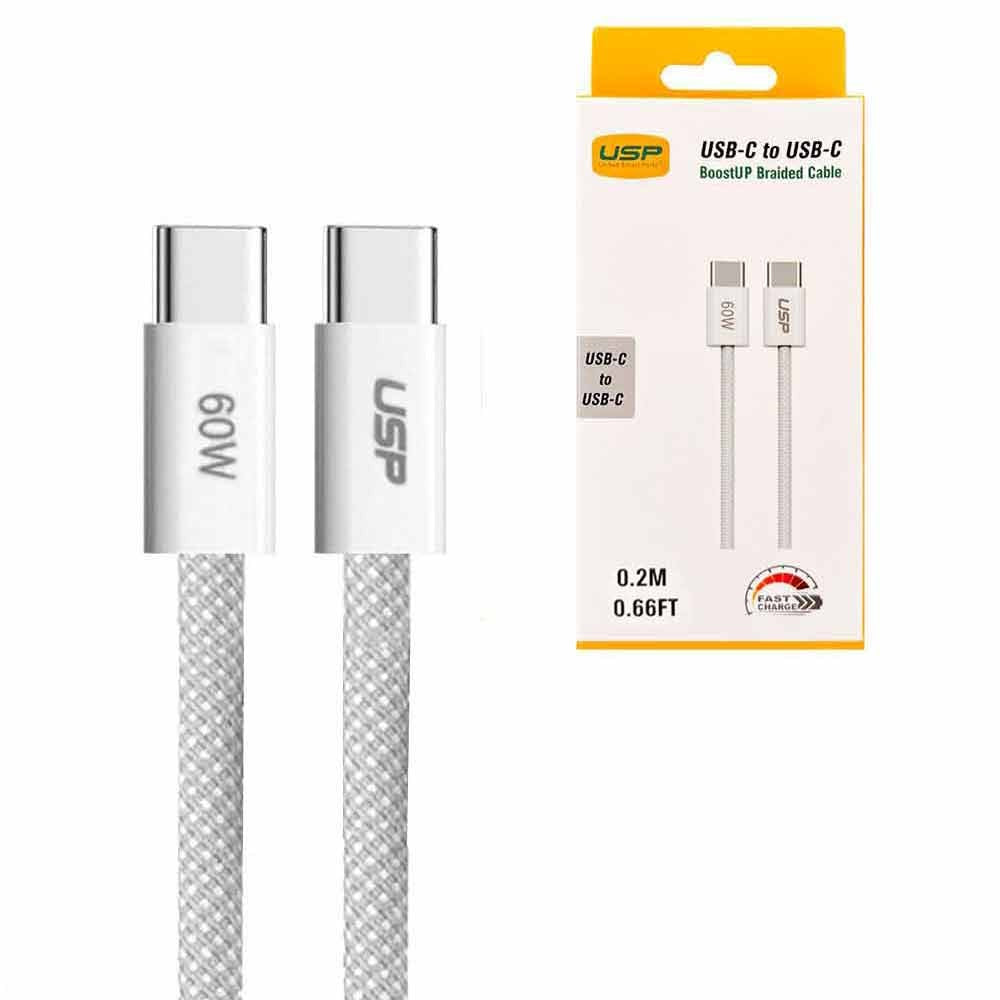USP boostUp Braided USB-C to USB-C Cable (0.2M) - White, 3A/60W, 480Mbps, 40K+ Bends, Safe & Fast, Apple iPhone, Samsung Galaxy, 2 Years Warranty 6976552041485