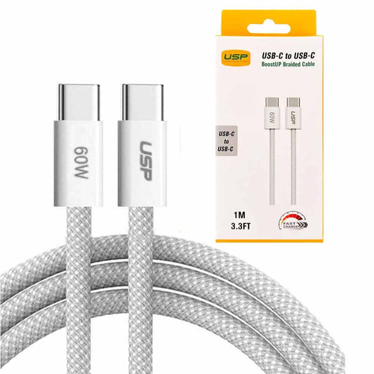 USP USB-C to USB-C PD 60W High Density Braided Fast Charging Cable (1M), 3A Fast & Safe Charge, Strong & Durable, Compatible For iPhone 15 Series 6976552041492