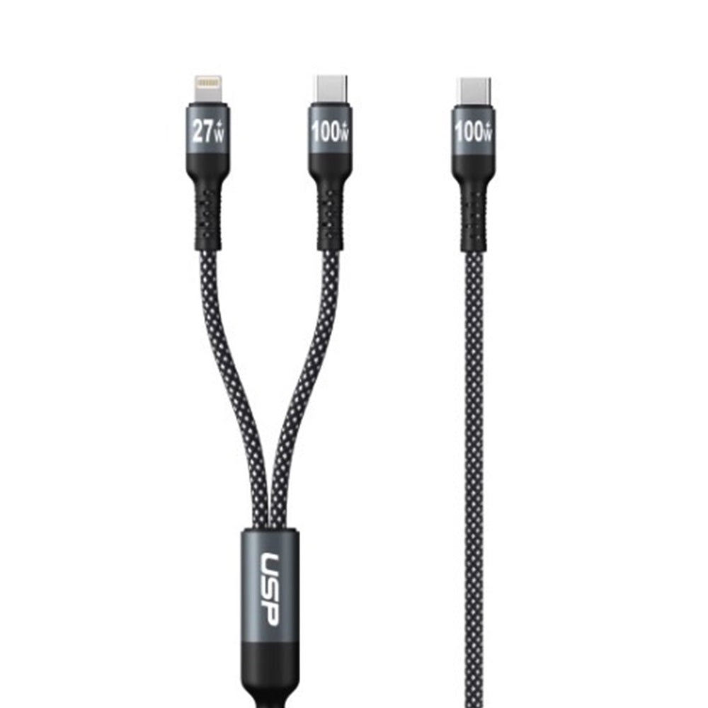 USP Braided 2-in-1 USB-C to Lighting (27W) + USB-C (100W) Super Fast Charging Cable (1.2M) Black - High Speed Charging, 2 Years Warranty 6976552042499