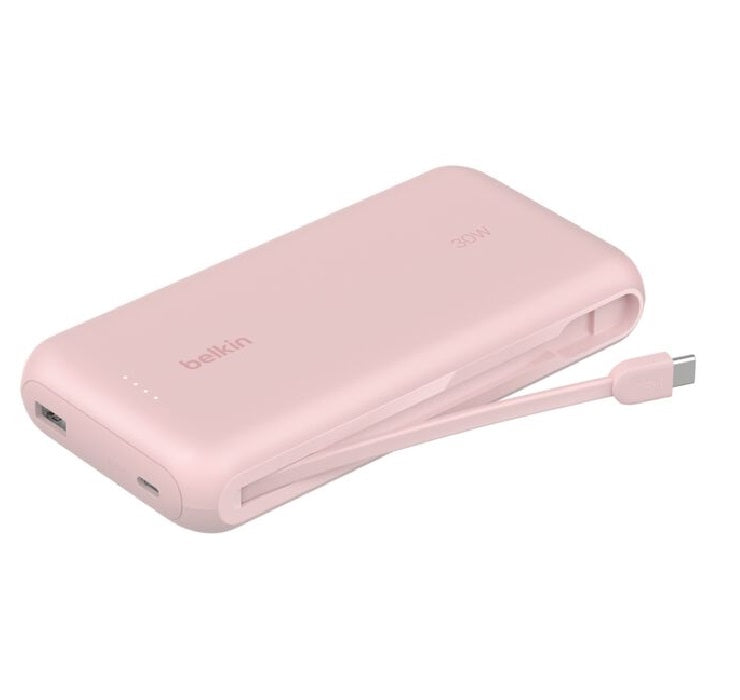 Belkin BoostCharge 20K mAh Power Bank With Integrated USB-C Cable - Pink (BPB024fqPK), 30W, 2xUSB-C, 1x USB-A, CEW $2, 500, Apple, 2 Years Warranty BPB024fqPK